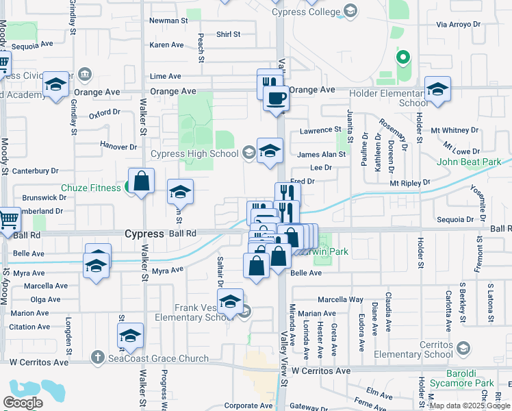 map of restaurants, bars, coffee shops, grocery stores, and more near 9841 Newport Way in Cypress