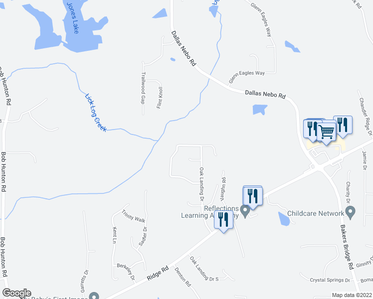 map of restaurants, bars, coffee shops, grocery stores, and more near 380 Oak Landing Circle in Douglasville
