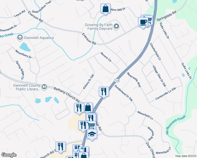 map of restaurants, bars, coffee shops, grocery stores, and more near 3701 Sunbridge Drive Southwest in Snellville