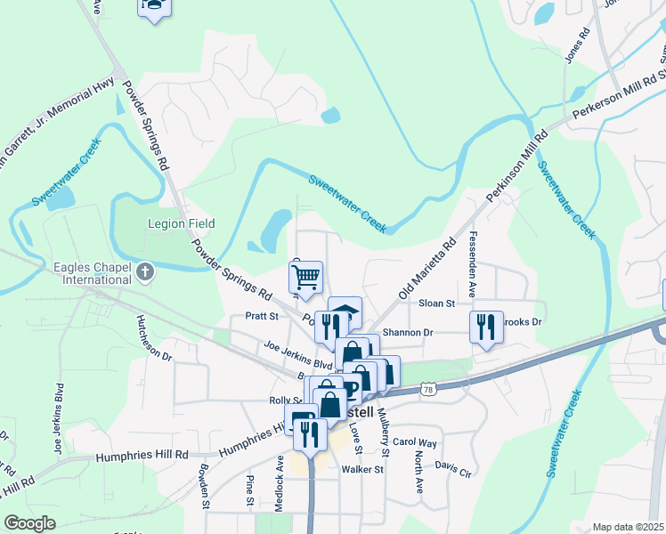 map of restaurants, bars, coffee shops, grocery stores, and more near 5591 Edith Street in Austell
