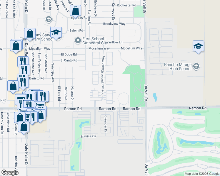 map of restaurants, bars, coffee shops, grocery stores, and more near 639 Via Firenze in Cathedral City
