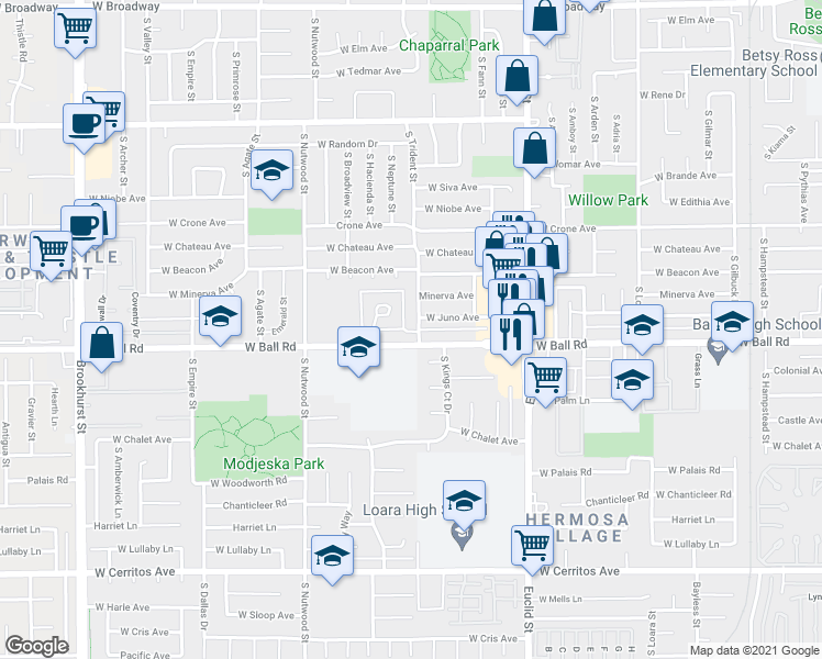 map of restaurants, bars, coffee shops, grocery stores, and more near 941 South Trident Street in Anaheim