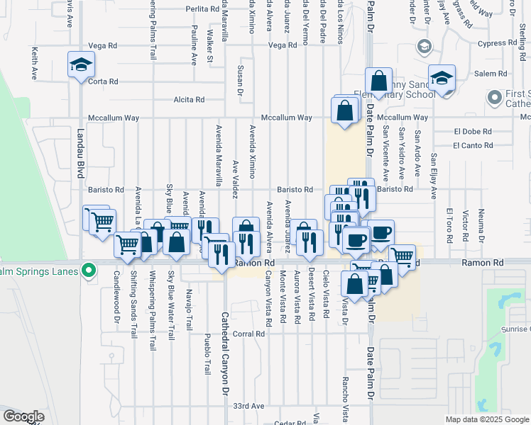 map of restaurants, bars, coffee shops, grocery stores, and more near 31575 Avenida Alvera in Cathedral City