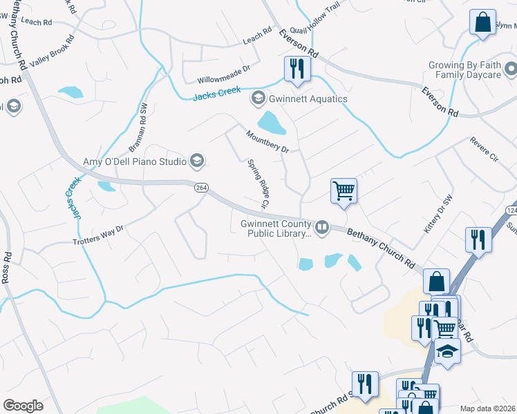 map of restaurants, bars, coffee shops, grocery stores, and more near 3900 Bethany Woods Court in Snellville