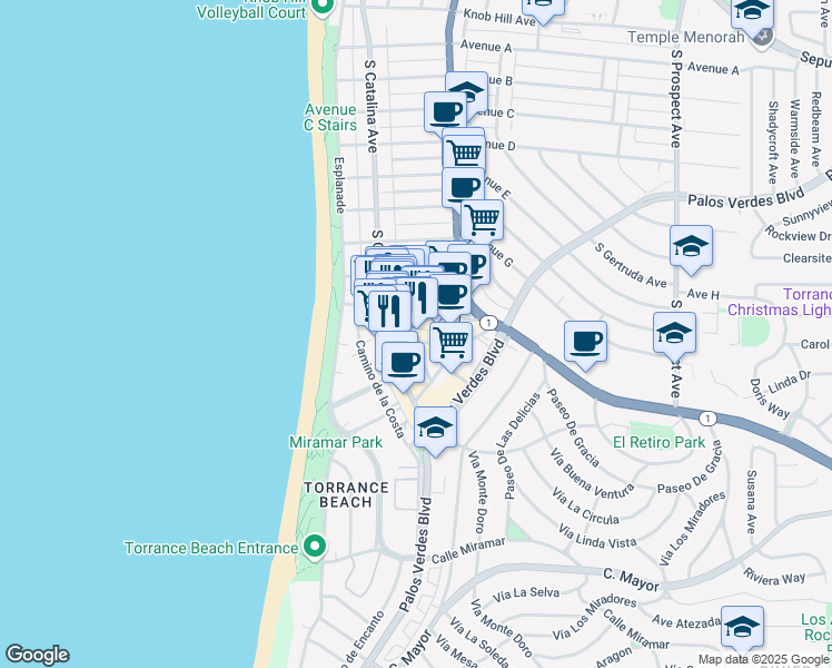 map of restaurants, bars, coffee shops, grocery stores, and more near 208 Avenue I in Redondo Beach