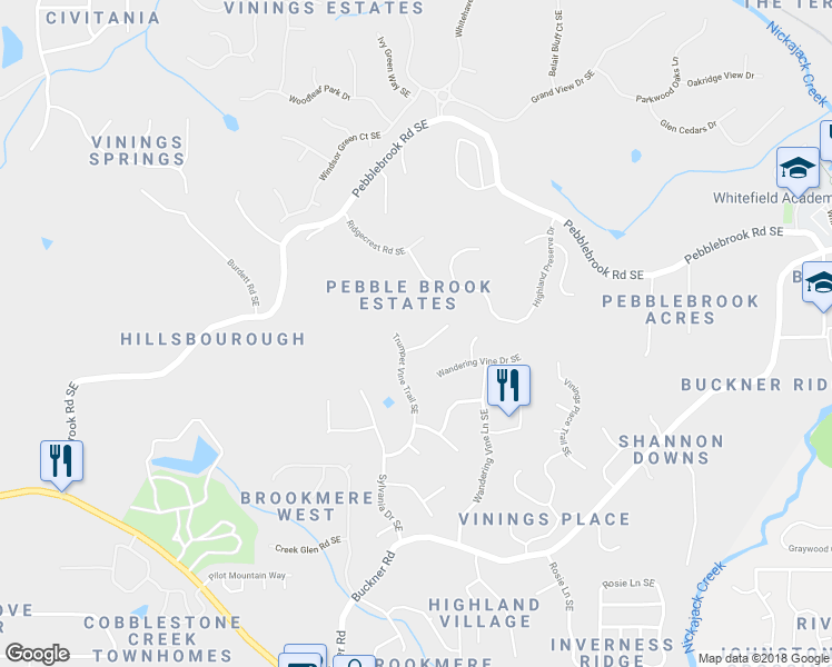 map of restaurants, bars, coffee shops, grocery stores, and more near 1105 Trumpet Vine Court Southeast in Mableton