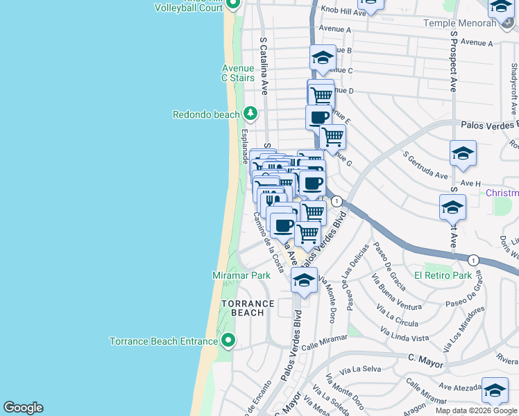 map of restaurants, bars, coffee shops, grocery stores, and more near 1706 Camino de la Costa in Redondo Beach