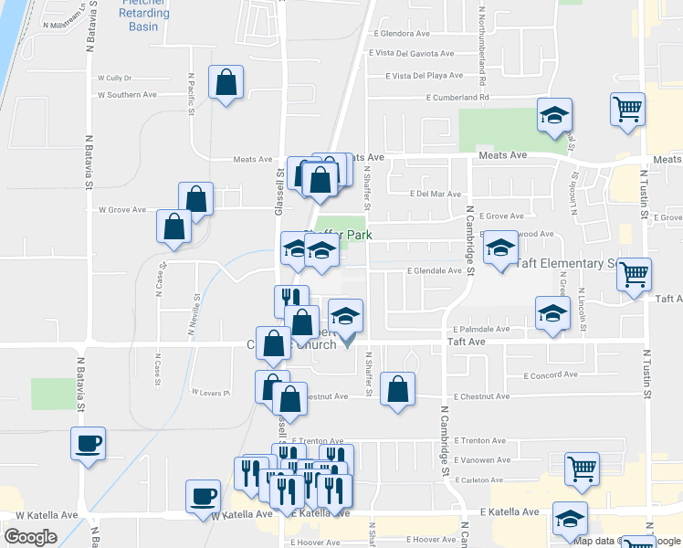 map of restaurants, bars, coffee shops, grocery stores, and more near 402 East Glendale Drive in Orange