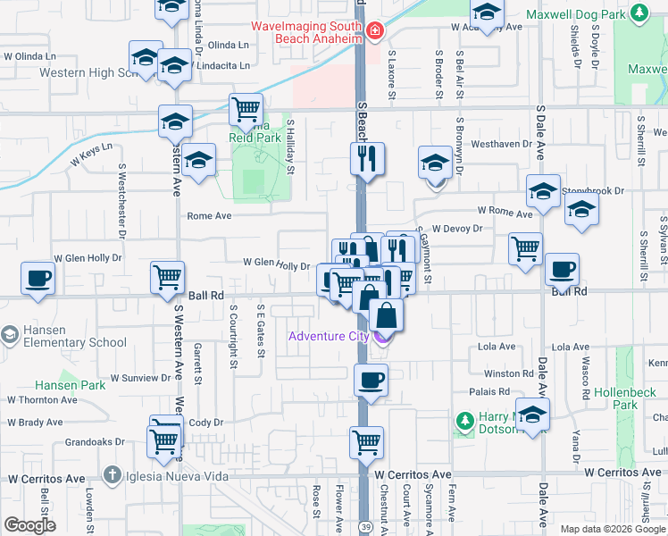 map of restaurants, bars, coffee shops, grocery stores, and more near 900 South Hayward Street in Anaheim