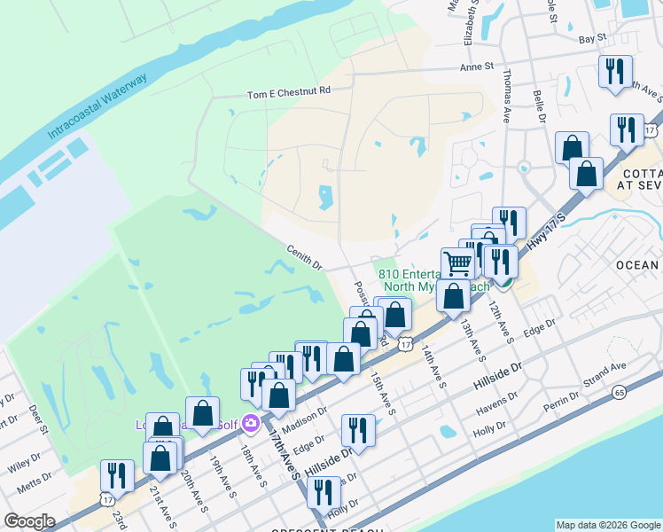 map of restaurants, bars, coffee shops, grocery stores, and more near 1101 Possum Trot Road in North Myrtle Beach