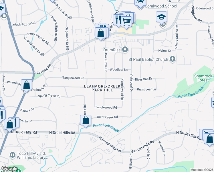 map of restaurants, bars, coffee shops, grocery stores, and more near 2359 Tanglewood Road in Decatur