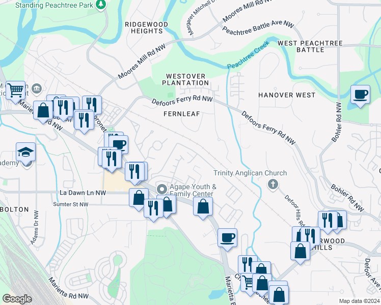 map of restaurants, bars, coffee shops, grocery stores, and more near 1268 Liberty Parkway Northwest in Atlanta