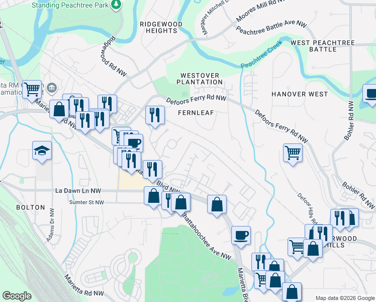 map of restaurants, bars, coffee shops, grocery stores, and more near 1229 Liberty Parkway Northwest in Atlanta