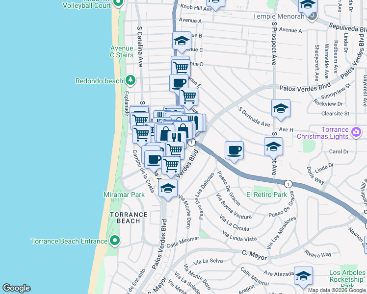 map of restaurants, bars, coffee shops, grocery stores, and more near 1650 California 1 in Redondo Beach