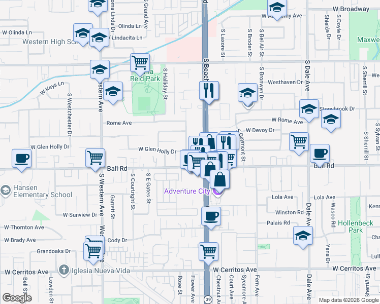 map of restaurants, bars, coffee shops, grocery stores, and more near 900 South Hayward Street in Anaheim