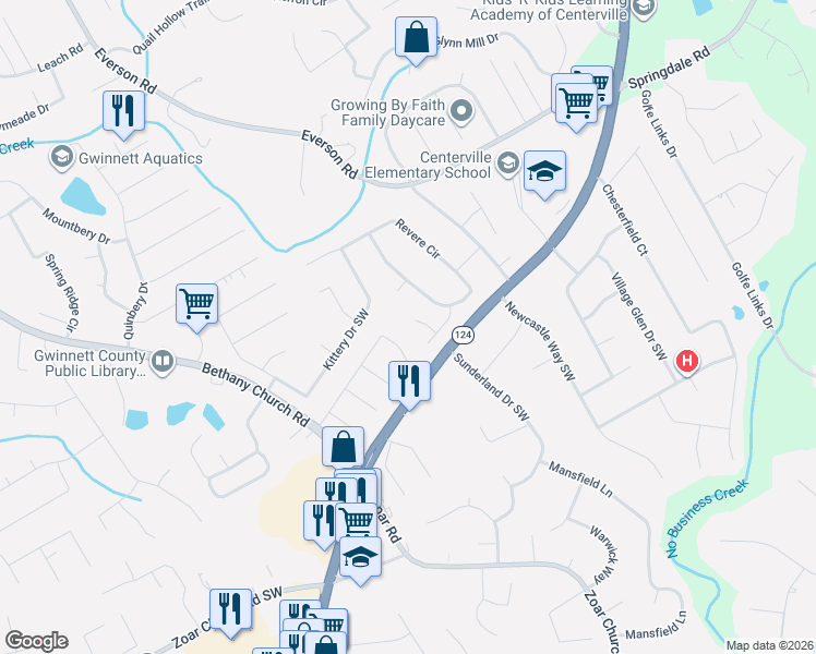 map of restaurants, bars, coffee shops, grocery stores, and more near 3570 Militia Court in Snellville