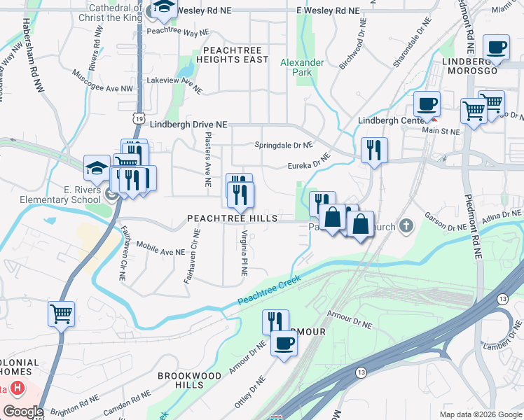 map of restaurants, bars, coffee shops, grocery stores, and more near 2354 Hurst Drive Northeast in Atlanta