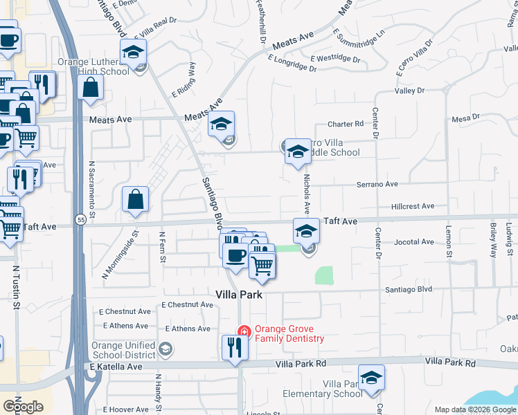 map of restaurants, bars, coffee shops, grocery stores, and more near 3025 East Hillcrest Avenue in Orange