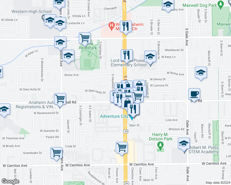 map of restaurants, bars, coffee shops, grocery stores, and more near 900 South Hayward Street in Anaheim
