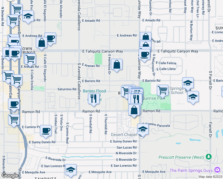 map of restaurants, bars, coffee shops, grocery stores, and more near 1326 Tiffany Circle South in Palm Springs