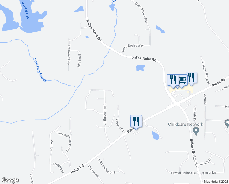 map of restaurants, bars, coffee shops, grocery stores, and more near 525 Oak Landing Circle in Douglasville