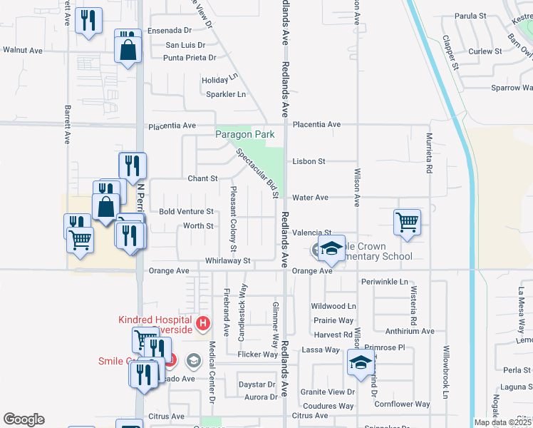 map of restaurants, bars, coffee shops, grocery stores, and more near 2598 Buchanan Court in Perris