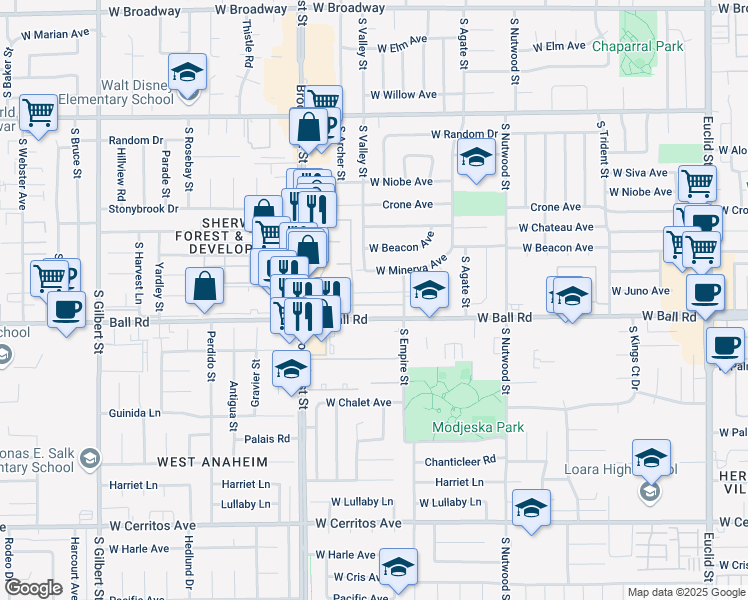 map of restaurants, bars, coffee shops, grocery stores, and more near 2124 West Juno Avenue in Anaheim