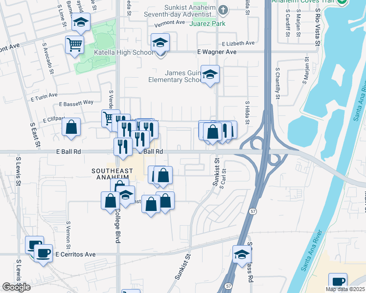 map of restaurants, bars, coffee shops, grocery stores, and more near 2307 East Ball Road in Anaheim
