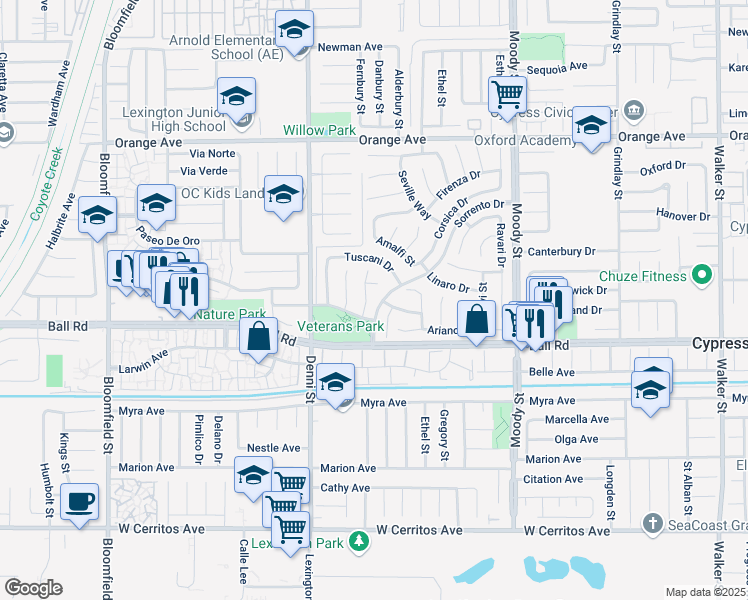 map of restaurants, bars, coffee shops, grocery stores, and more near 9860 Anzio Court in Cypress