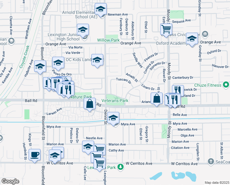 map of restaurants, bars, coffee shops, grocery stores, and more near 9879 Novara Lane in Cypress