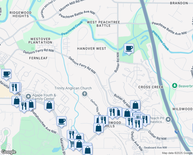 map of restaurants, bars, coffee shops, grocery stores, and more near 2316 Defoors Ferry Road Northwest in Atlanta