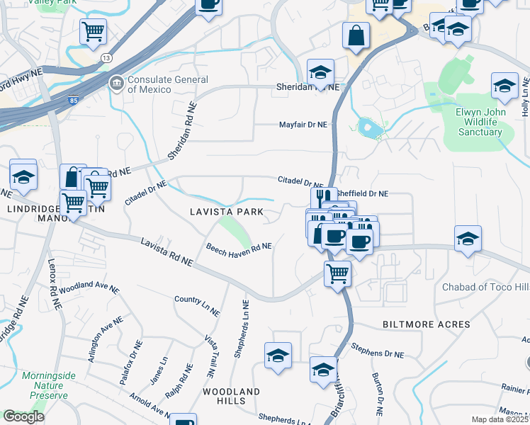 map of restaurants, bars, coffee shops, grocery stores, and more near 1240 Wildcliff Circle in Atlanta