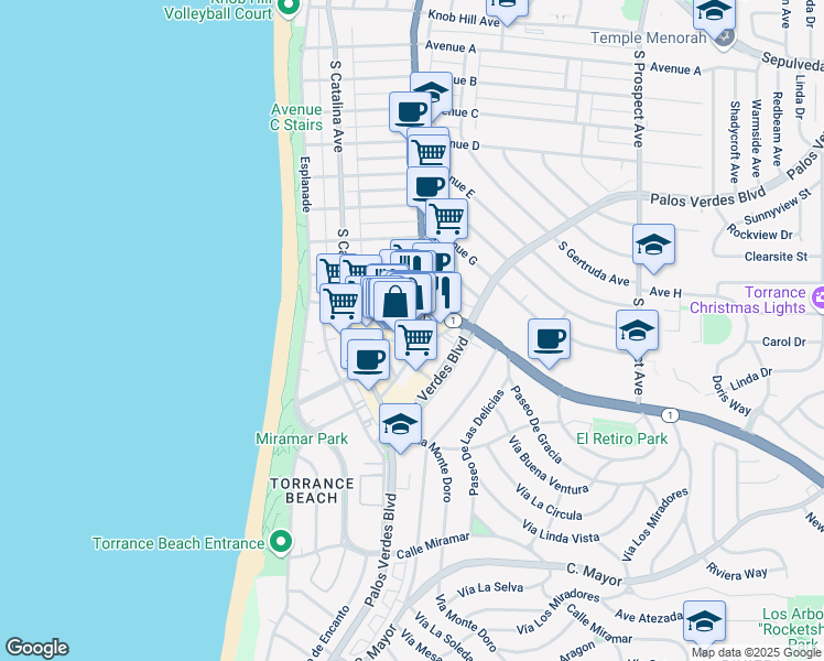 map of restaurants, bars, coffee shops, grocery stores, and more near 272 Avenue I in Redondo Beach