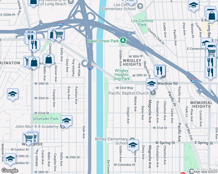 map of restaurants, bars, coffee shops, grocery stores, and more near 3384 De Forest Avenue in Long Beach