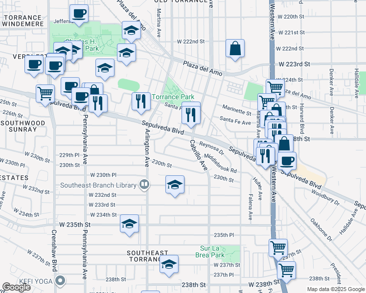 map of restaurants, bars, coffee shops, grocery stores, and more near 2027 Kathy Way in Torrance