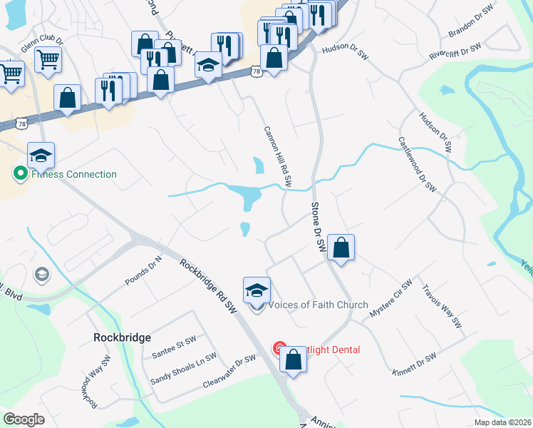 map of restaurants, bars, coffee shops, grocery stores, and more near 2379 Cannon Hill Road Southwest in Lilburn