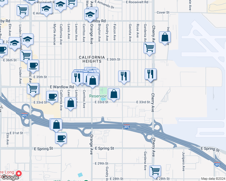 map of restaurants, bars, coffee shops, grocery stores, and more near 3375 Falcon Avenue in Signal Hill
