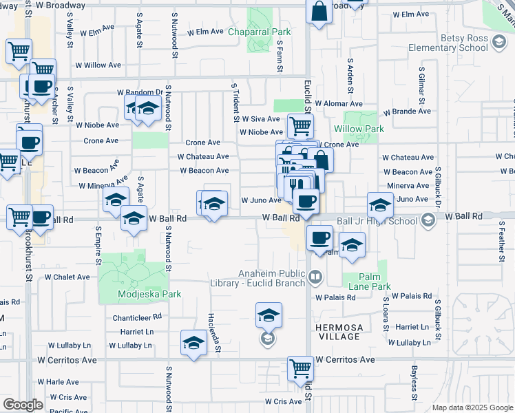 map of restaurants, bars, coffee shops, grocery stores, and more near 1775 West Juno Avenue in Anaheim