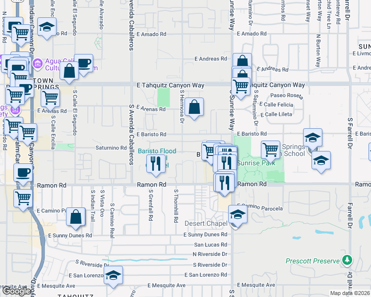 map of restaurants, bars, coffee shops, grocery stores, and more near 1326 Tiffany Circle South in Palm Springs