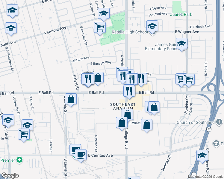 map of restaurants, bars, coffee shops, grocery stores, and more near 1889 East Ball Road in Anaheim
