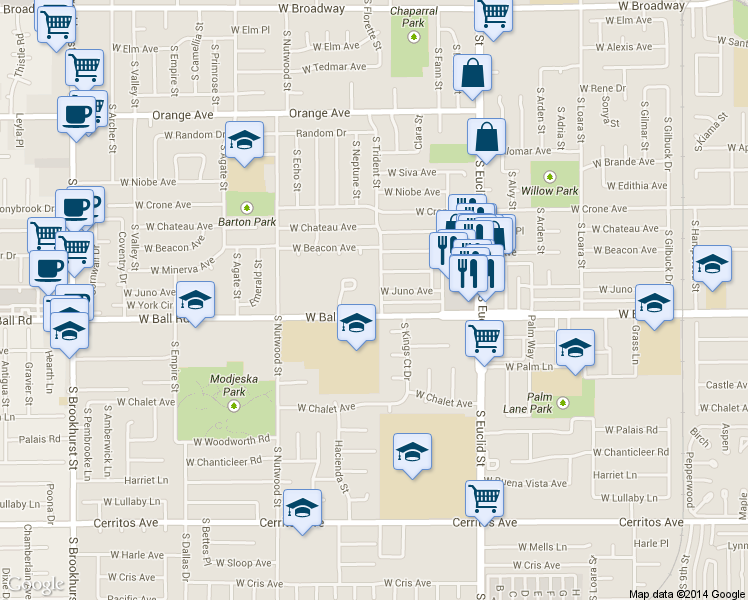 map of restaurants, bars, coffee shops, grocery stores, and more near 916 South Park Circle in Anaheim