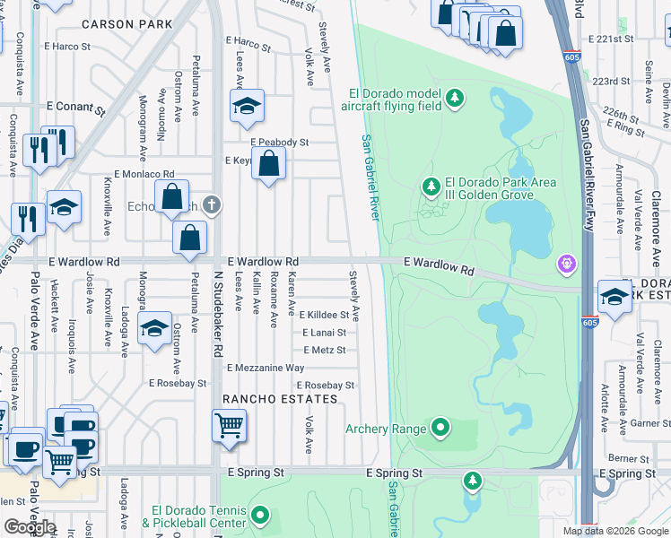 map of restaurants, bars, coffee shops, grocery stores, and more near 7159 East Wardlow Road in Long Beach