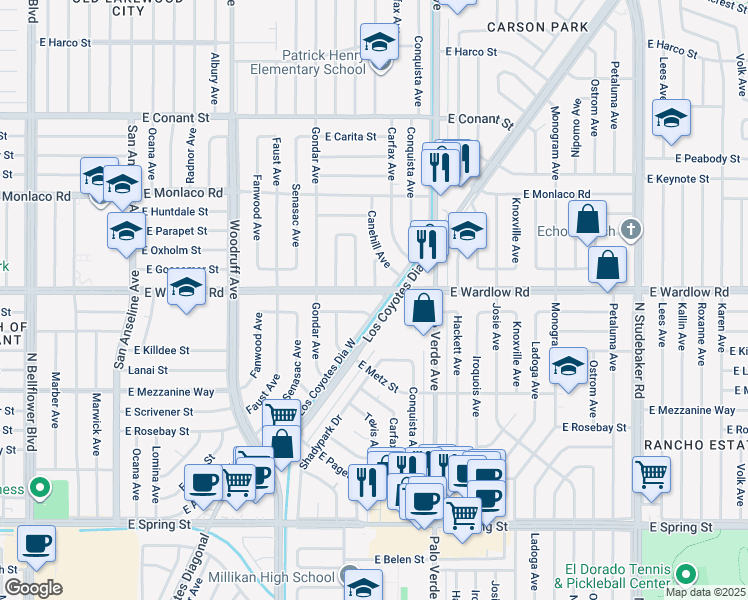 map of restaurants, bars, coffee shops, grocery stores, and more near 6235 East Wardlow Road in Long Beach
