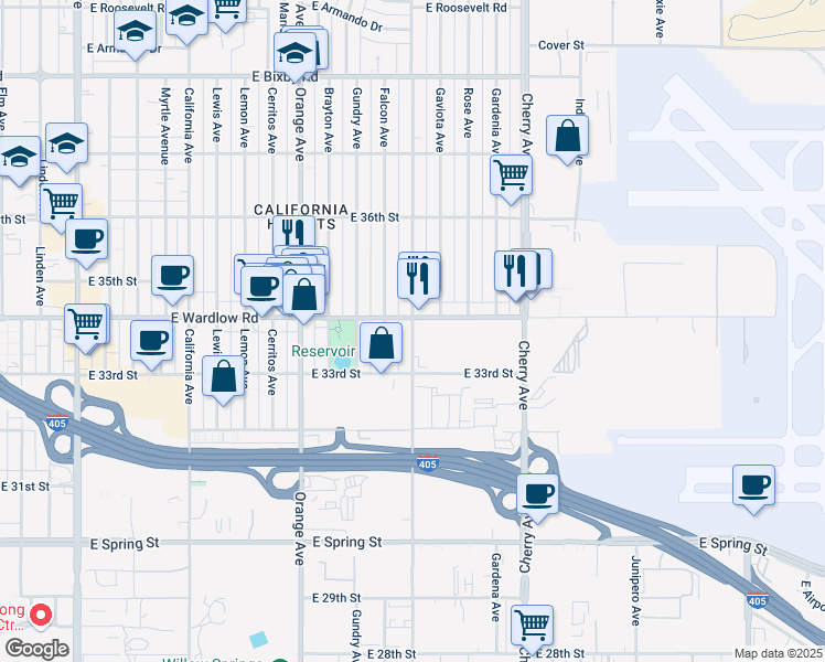 map of restaurants, bars, coffee shops, grocery stores, and more near 1611 East Wardlow Road in Long Beach