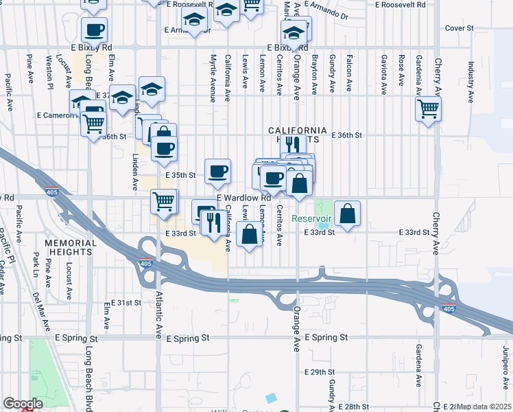 map of restaurants, bars, coffee shops, grocery stores, and more near 1079 East Wardlow Road in Long Beach