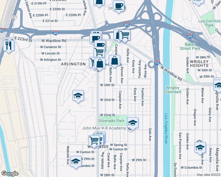map of restaurants, bars, coffee shops, grocery stores, and more near 3402 Baltic Avenue in Long Beach