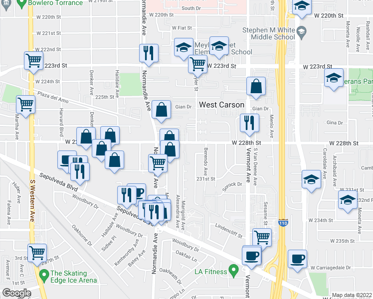 map of restaurants, bars, coffee shops, grocery stores, and more near 1127 West 228th Street in Torrance