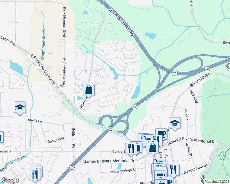 map of restaurants, bars, coffee shops, grocery stores, and more near 5289 Hayden Place in Stone Mountain