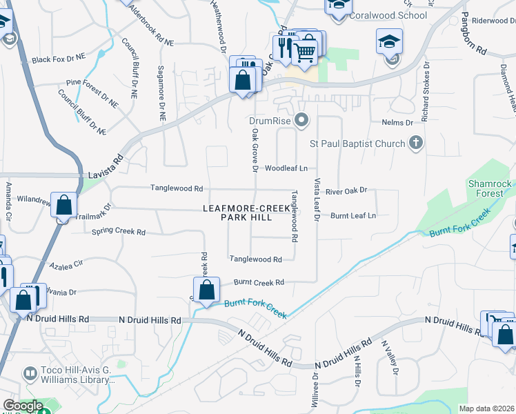 map of restaurants, bars, coffee shops, grocery stores, and more near 2359 Tanglewood Road in Decatur