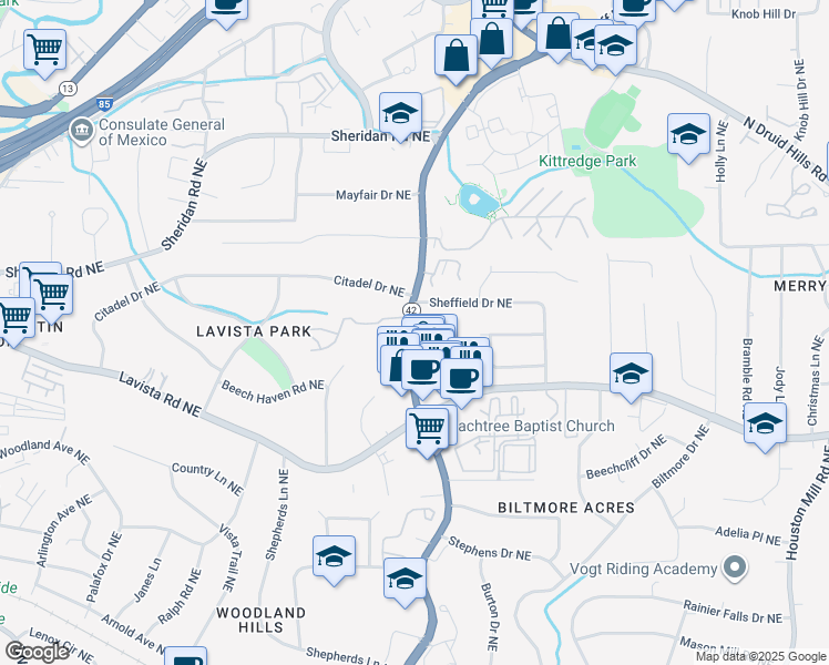 map of restaurants, bars, coffee shops, grocery stores, and more near 1341 Sheffield Drive Northeast in Atlanta